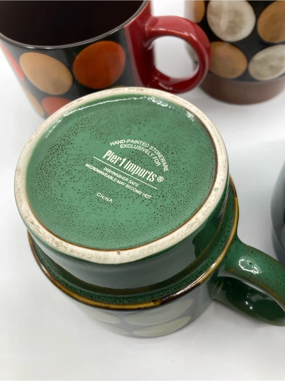 Pier 1 Imports Retro Hand Painted Stoneware Polka Dot Mugs Blue Green Red Brown